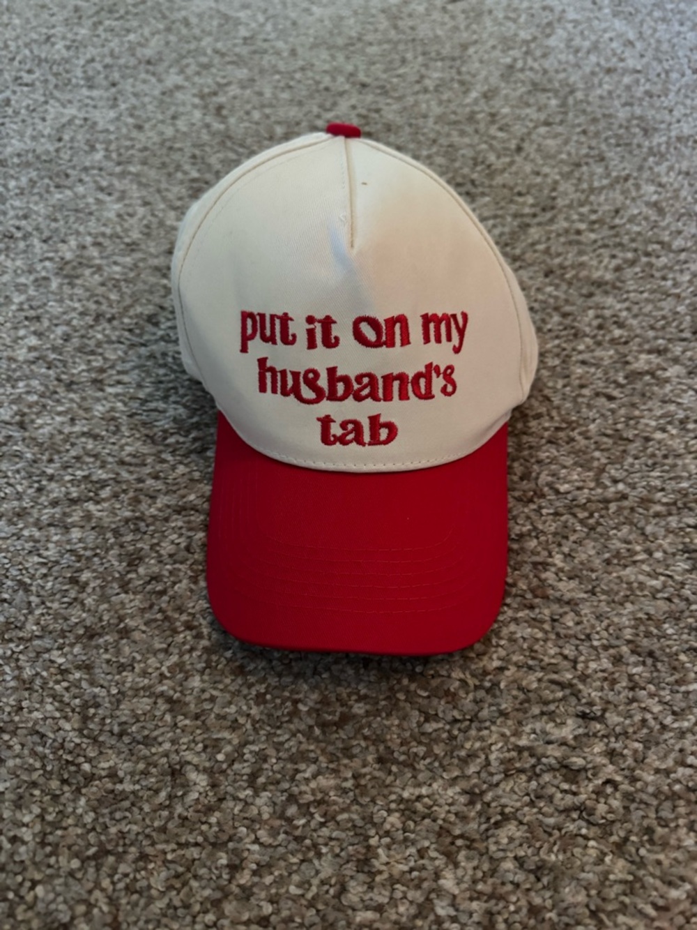 Cream and Red Embroidered Trucker Hat - "put it on my husband's tab"